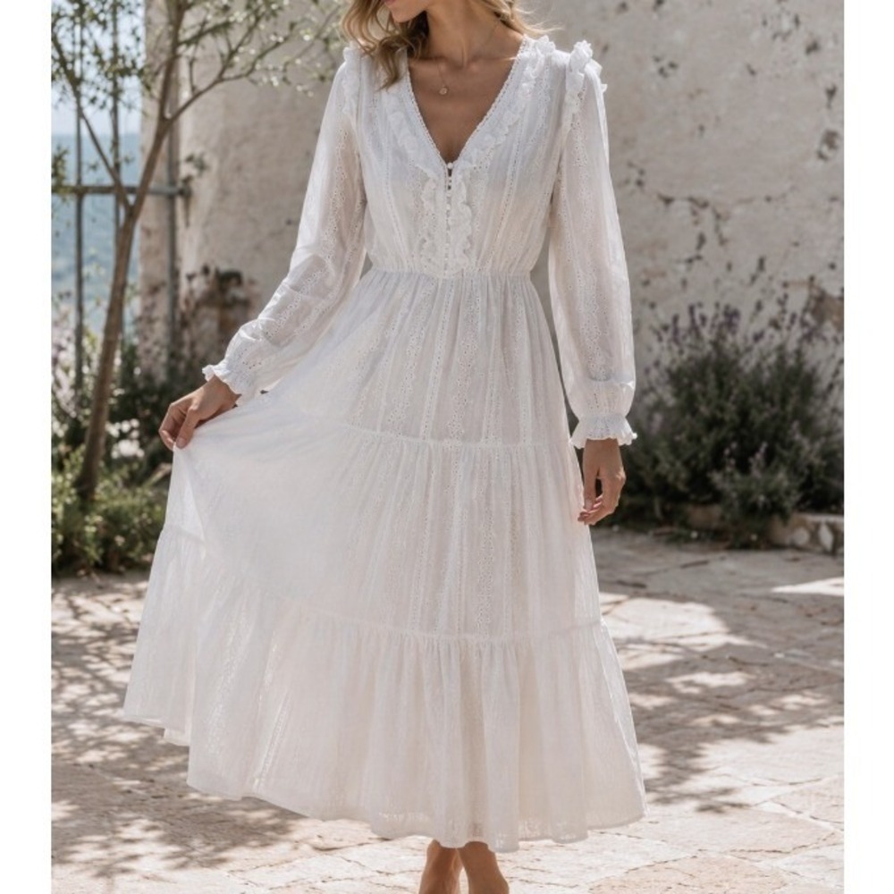 Eyelet Lace Cotton Midi Dress Ruffle Long Sleeve White Large Romantic Cottage